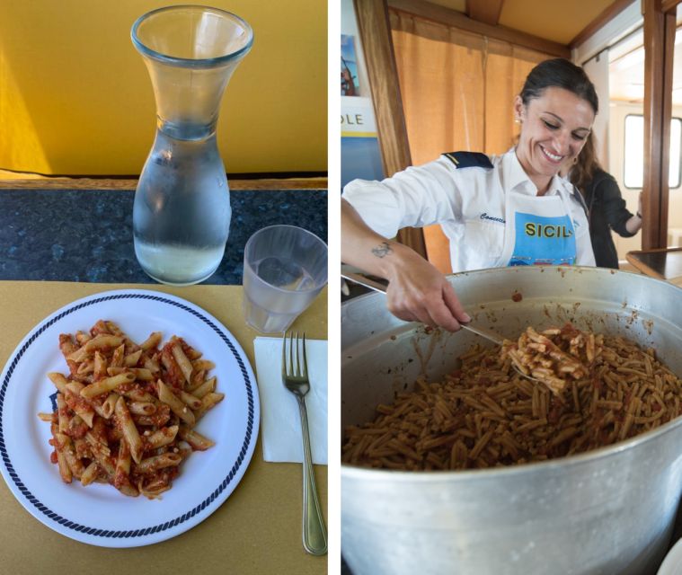 From Trapani: Favignana and Levanzo Mini Cruise with Lunch - Lunch onboard: pasta with Trapanese pesto, plus wine and fruit